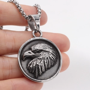 Retro eagle relief round pendant necklace in vintage titanium steel for men with box chain