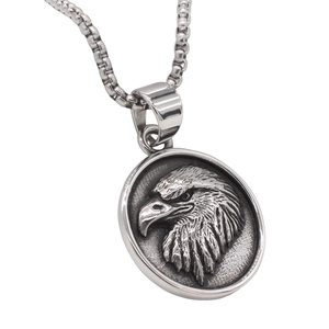 Vintage eagle head pendant necklace for men in silver stainless steel with box chain