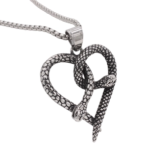 Vintage silver double snake heart pendant necklace with intricate scale texture and box chain