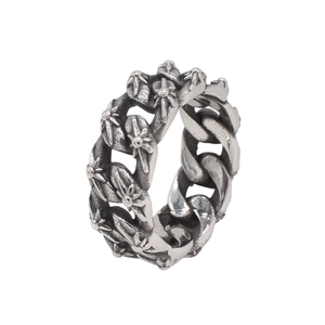 Vintage Gothic Stainless Steel Cuban Link Chain Ring For Men Women Antique Silver Distressed Cross Flower Band Ring