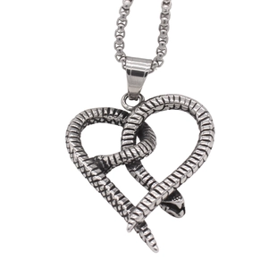 Gothic double snake heart pendant necklace in vintage silver finish stainless steel