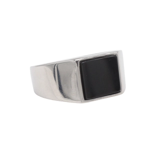 Men's minimalist stainless steel signet ring with a rectangular black gemstone inlay
