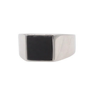 Minimalist silver stainless steel ring featuring a large square black stone inlay