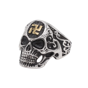 Vintage gothic skull ring for men in silver and gold tone with embossed details