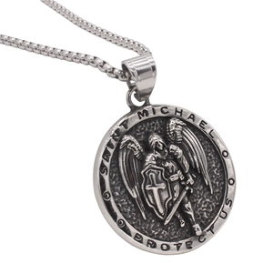 Vintage Saint Michael angel wing shield medallion necklace with stainless steel box chain