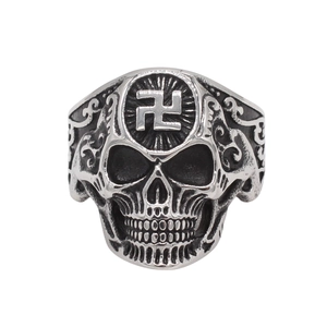 Vintage gothic skull ring for men with engraved cross symbol and antique silver finish