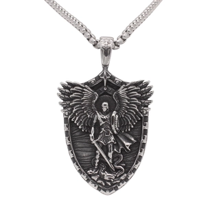316 Stainless Steel Archangel Michael Shield Pendant Necklace Antique Silver Retro Men Religious 3D Relief Jewelry Gift