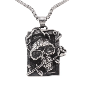 Pendentif Rétro Punk en Acier Inoxydable 316 Tête de Mort Rose Relief Gothique Rectangle Seul Pendentif pour Hommes Bijoux Rétro