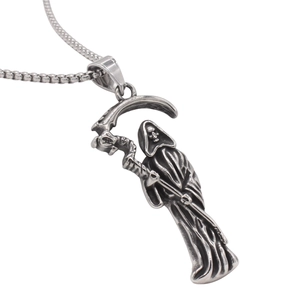 Gothic skull reaper pendant necklace in vintage stainless steel with round box chain