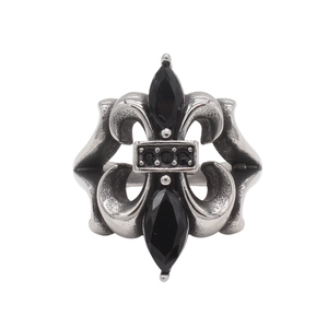 Vintage Gothic Fleur-de-lis Ring aus Edelstahl mit schwarzen Edelsteinen im Marquiseschliff