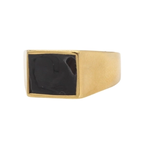 Minimalist gold signet ring for men and women featuring a black rectangular center stone