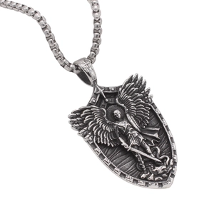 Vintage angel wings shield pendant necklace for men in antique finish stainless steel