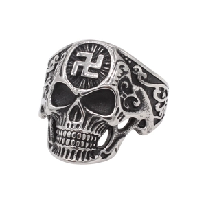 Vintage stainless steel skull ring with swastika symbol and intricate carved patterns
