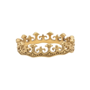 Bague couronne gothique rétro en or mat avec motifs fleur de lys et détails perlés