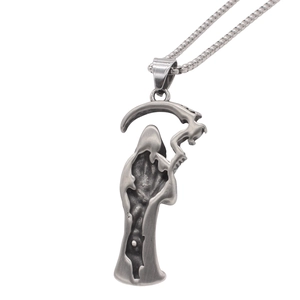 Vintage stainless steel Grim Reaper skull pendant necklace with scythe on white background
