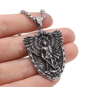 Retro Archangel Michael shield pendant necklace in vintage titanium steel with box chain