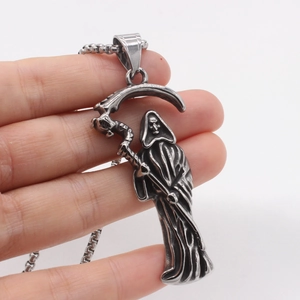 Gothic Grim Reaper scythe pendant in retro silver titanium steel with a bead chain link