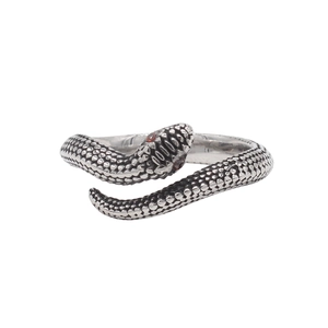 Retro snake ring in stainless steel with detailed scales and red zircon gemstone eyes