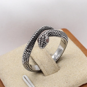 Vintage snake ring in titanium steel with red eyes and 3D scales in retro silver