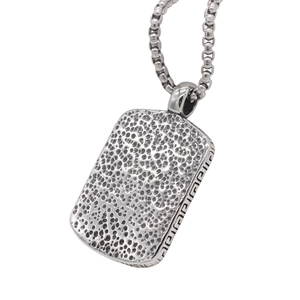 Industrial vintage silver wolf dog tag pendant with Greek meander pattern and box chain