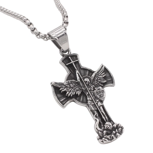 Collana con ciondolo a croce di arcangelo in acciaio inossidabile argento vintage