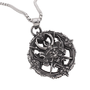 Retro Viking warrior mask pendant in silver steel with thick snake chain for men
