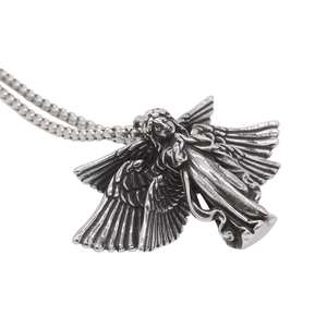 Collana con ciondolo angelo vintage in acciaio al titanio argento opaco e catena a sfere