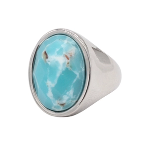 Bague en acier inoxydable poli argenté sertie d'une grande pierre turquoise ovale