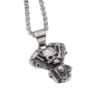 Collana con ciondolo motore V-twin e teschio gotico vintage da uomo in acciaio ossidato