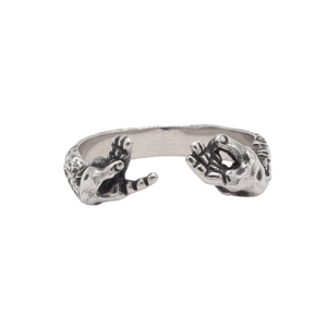 Vintage oxidized silver handshake open ring with realistic hand gesture design