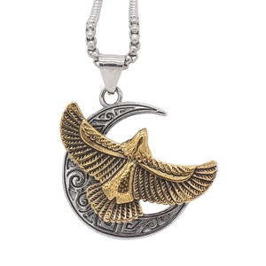 Retro eagle crescent pendant necklace with gold wings and silver moon bead chain