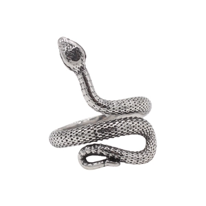 Vintage silver snake wrap ring in stainless steel with detailed scale texture on white background