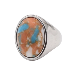 Bague ovale rétro en acier titane avec pierre marbrée orange et bleue de style bohème