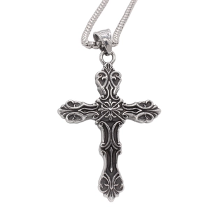 Retro gothic cross pendant necklace in stainless steel with intricate relief patterns