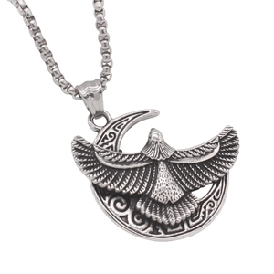 Retro eagle and moon pendant necklace in vintage steel finish for men on white background