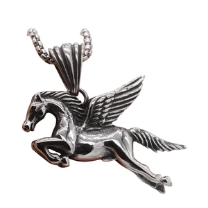Retro stainless steel Pegasus pendant necklace with detailed wings on a silver bead chain