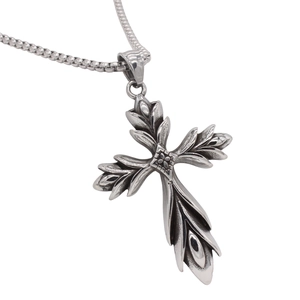 Vintage retro cross pendant necklace with leaf textures on a polished steel chain