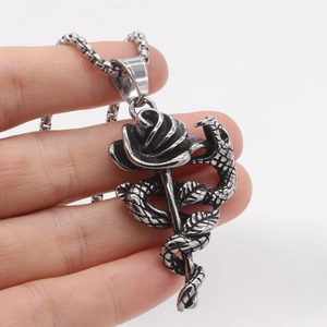 Gothic retro rose and snake pendant necklace in antique silver stainless steel