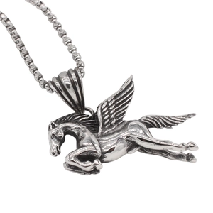 Vintage stainless steel winged Pegasus pendant necklace with oxidized silver finish