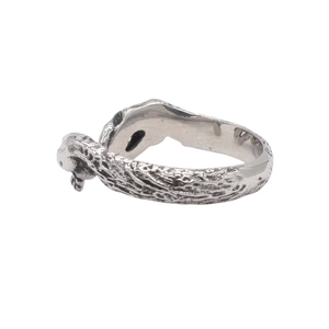 Macro shot of retro silver serpent ring showing realistic snake scale textures and engraving