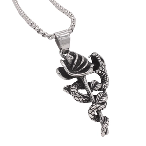 Retro stainless steel necklace featuring a detailed rose and snake pendant on ball chain