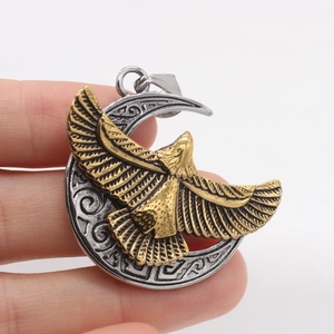 Retro eagle and crescent moon pendant necklace in gold and silver steel for men