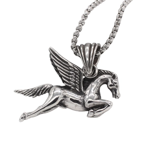 Vintage silver Pegasus pendant necklace with detailed wings and steel box chain for men