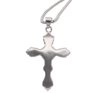 Brushed stainless steel cross pendant necklace for men with vintage wavy edges and bead chain