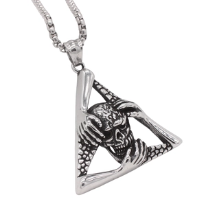 Gothic skull triangle pendant necklace in vintage silver finish with a box chain style
