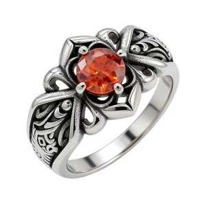 Anello retrò in acciaio inossidabile con gemma arancione e intaglio floreale fine