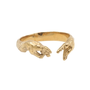 Detail view of gold adjustable ring featuring Michelangelo The Creation of Adam relief