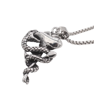 Retro stainless steel snake pendant necklace with detailed scales on a square box chain