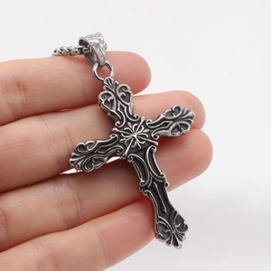 Retro gothic cross pendant necklace for men in vintage silver stainless steel finish