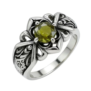 Anello vintage in acciaio al titanio con gemma rotonda verde oliva e intagli ornati